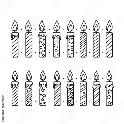 Birtay Candles Collection: Assorted Patterns Burning Flames Isolated on White Line Art Style