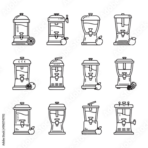 Beverage Dispensers with Fruit Accents Clean Line Art Icons Isolated on White