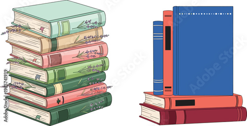 A Stack of Colorful Vintage Books with Decorative Lavender Flowers and a Blue Hardcover Book