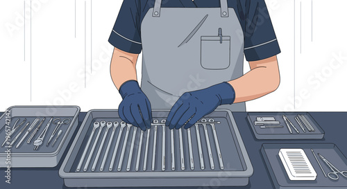 Healthcare worker sterilizing surgical instruments for operation, medical preparation, hygiene, and safety