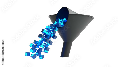 A dark gray funnel with glowing blue cubes pouring from its mouth, set against a black backdrop
