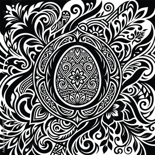 Comprehensive black and white conceptual drawing with a central patterned egg motif, surrounded by intricate organic and geometric designs, proficient layout.