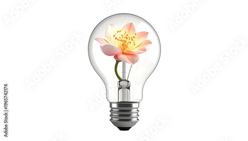 A lightbulb encloses a delicate lotus flower, symbolizing new ideas and growth on black