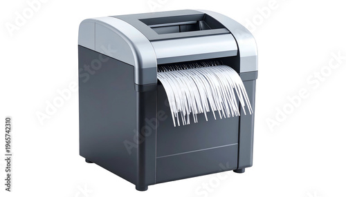 A sleek, gray office device shredding paper into thin strips; professional design