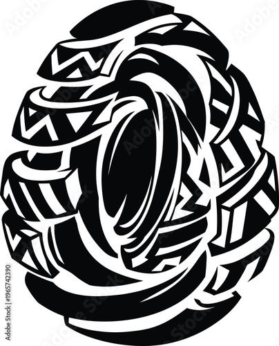 Stylized visual rendering featuring a highly elaborate monochrome tribal artwork motif with a vortex core.