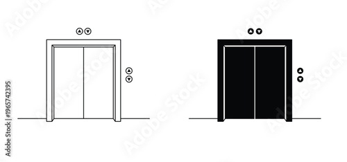 Cartoon elevator, lift icon. Line pattern. Elevator accessibility for down or up. Elevator doors. Maximum number of people. Open or closed doors in hallway