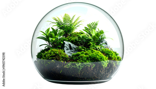 Lush, miniature forest ecosystem flourishing inside a clear, spherical glass container