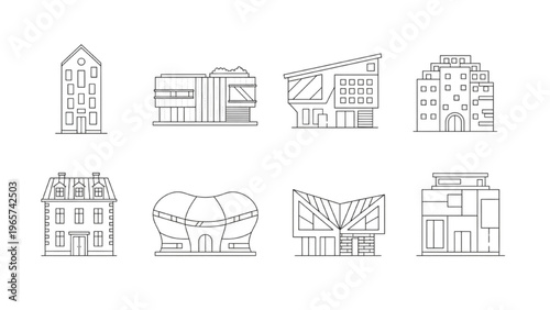 Set of Modern and Traditional Building Line Art Illustrations