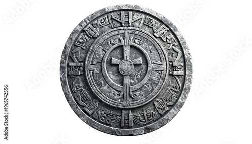 A weathered, circular stone tablet with carved symbols and a central cross design