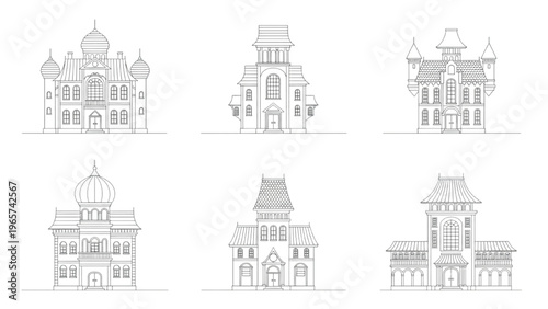 Vintage architectural drawings showcasing classic Gothic and Victorian mansions