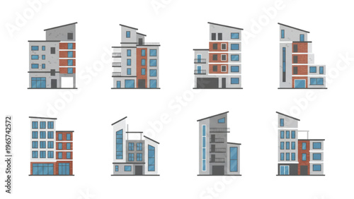 Set of Modern Apartment Buildings and Contemporary Urban Architecture Illustrations