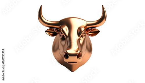 3D-rendered bronze bull head, facing forward, set against a stark black background
