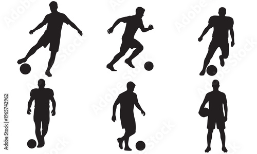 Six dynamic black silhouettes of soccer and American football players in action poses, isolated on white, showcasing sports, athleticism, and competition.