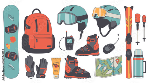 Winter Sports Equipment Flat Vector Illustration - Snowboarding, Skiing, and Outdoor Adventure Gear Collection
