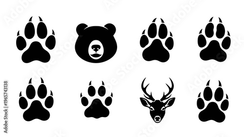 Wild Animal Paw Prints and Deer Head Vector Icons Set, Wildlife Footprints and Stag Silhouette Graphic Elements for Nature Design