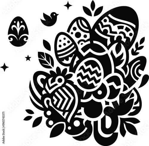 High-quality elaborate black and white Easter eggs and floral sketch with a flying bird and stars, an artistic celebration for spring.