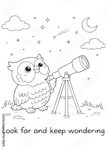 coloring book cute owl looking far and keeping wonder