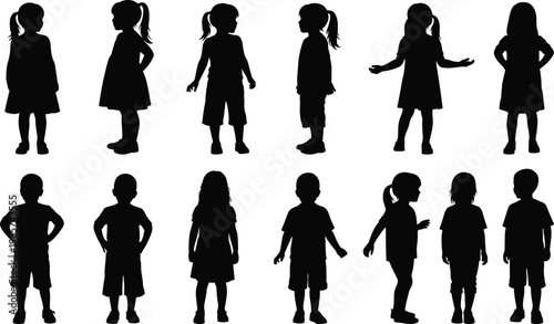 Set of Children Silhouettes featuring Little Boys and Girls in Various Poses for Education School Youth and Diverse Childhood Concept Designs