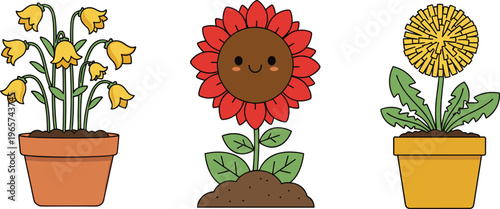 Cute Flower Pot Collection Featuring Daffodils, Sunflowers, and Dandelions with Smiling Faces