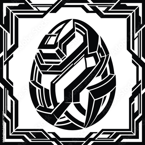 Bold black and white non-representational egg symbol with angular geometric patterns, meticulously framed by a elaborate electronic sci-fi border.