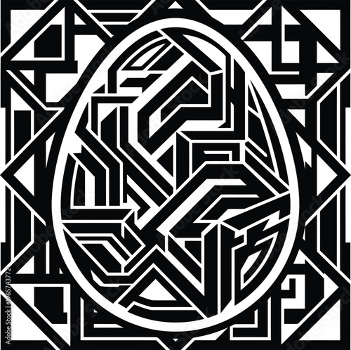 Intricate black and white non-representational geometric maze structure, highly intricate and proficient structure.