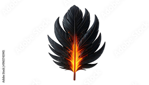 Black feather with fiery orange core and wispy details, set against a dark background