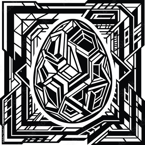 Intricate black and white geometric conceptual structure featuring a central segmented egg shape with elaborate lines and complex patterns.