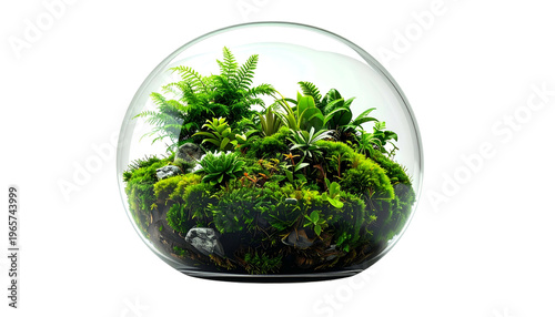 Lush, miniature ecosystem of green plants, moss, and stone encased in a glass sphere