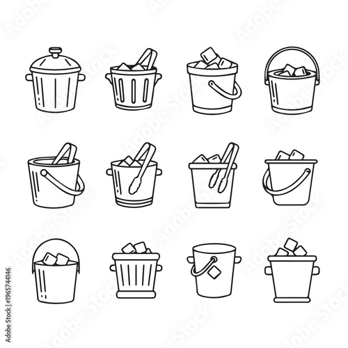 Collection of Ice Buckets and Coolers with Tongs Simple Line Art Isolated on White