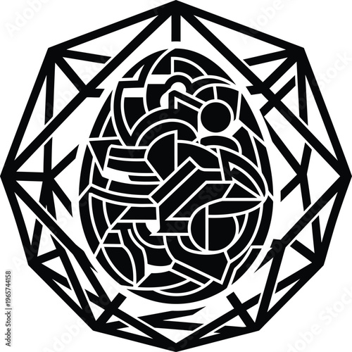 An intricate conceptual geometric motif in an octagonal frame, a complex black and white computerized illustration composition.