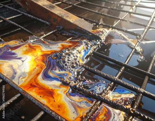 Tableau sur toile Vibrant oil sheen with swirling colors on a rusty metal grid, indicating a chemical spill or pollution