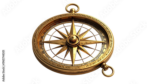 Ornate, golden navigational device with a compass rose, isolated on black background