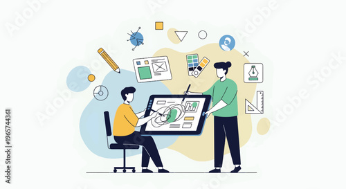 Two people are collaborating on a large computer screen displaying graphics and charts in a modern office setting with various icons floating around them.