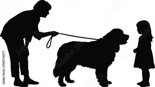 Black silhouettes of a grandmother holding a large dog on a leash meeting a small girl isolated on white background