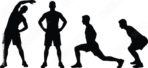 Black silhouettes of a fit man performing various warm up exercises stretching lunges and squats isolated on a white background