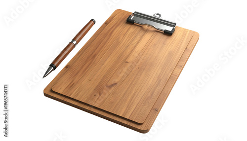 Wooden clipboard with pen against a black background. Simple, clean, ready for notes