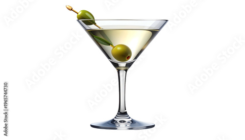 A martini glass with a green olive garnish, filled with a clear alcoholic beverage
