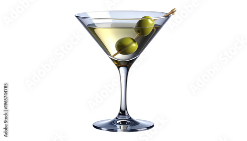 Sleek martini glass with chilled liquid, garnished with skewered olives, set against black