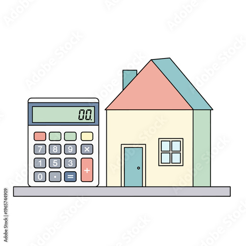 Calculator and house illustration, real estate finance and home cost calculation concept