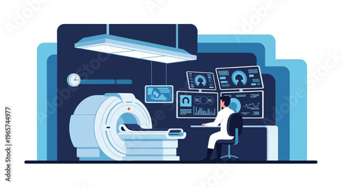 Medical professional operating MRI scanner in modern diagnostic room with monitors