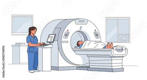 Medical professional operating MRI scanner with patient inside for diagnostic imaging.