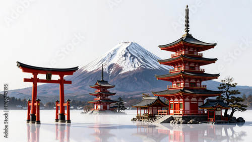Majestic Mount Fuji and Traditional Pagodas in Serene Japanese Landscape