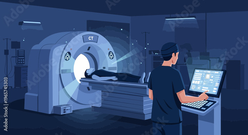 Medical CT Scan: Patient Undergoing Diagnostic Imaging Procedure with Technician Operating Machine