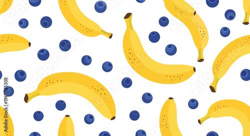 Bananas and blueberries seamless pattern on white background, fresh fruit illustration for healthy food and snacks.