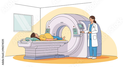 Medical CT Scan: Patient lying on table, technician operating machine in clinic