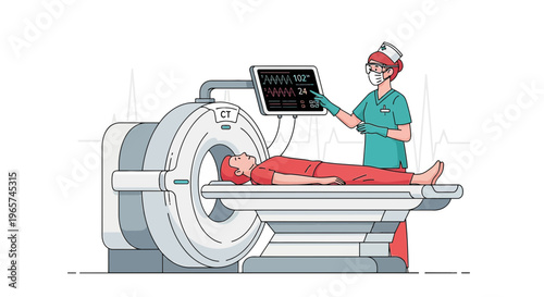 Medical CT Scan: Patient undergoing diagnostic imaging with nurse monitoring vital signs on screen.
