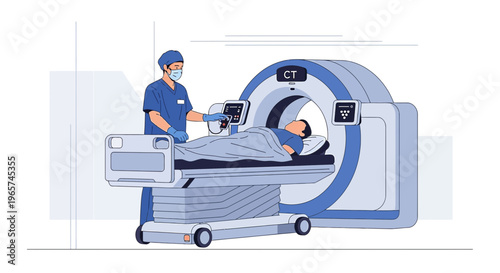 Medical CT scan procedure with patient and technician in modern clinic
