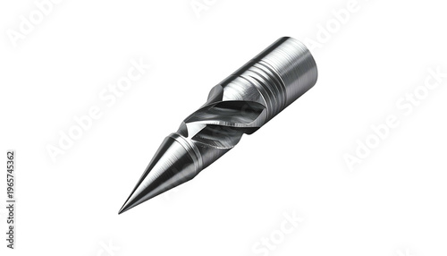 A close-up of a metallic, sharp-pointed drill bit against a solid black background