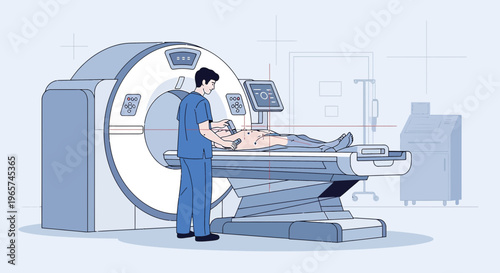 Medical CT Scan Procedure: Patient Lying on Table with Technician Operating Machine