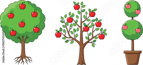 Cartoon-Style Apple Trees with Various Growth Stages and Pot